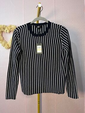 DKNY Navy and White Vertical Stripe Crewneck Sweater